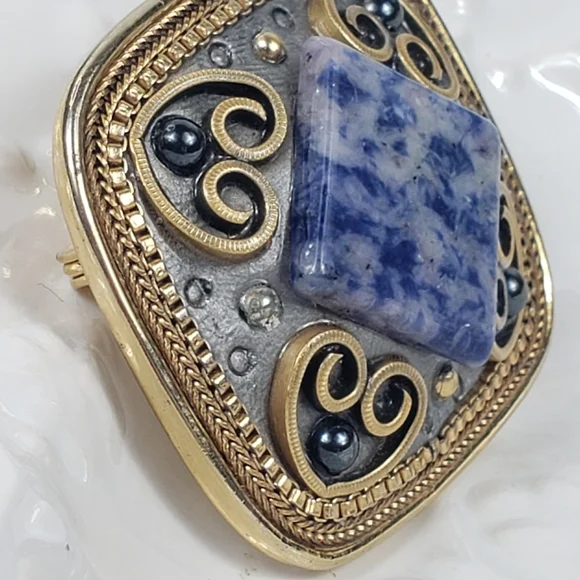 Michal Golan Blue Sodalite & Gold Filigree Pendant / Brooch w/Hearts 1.50x1.25